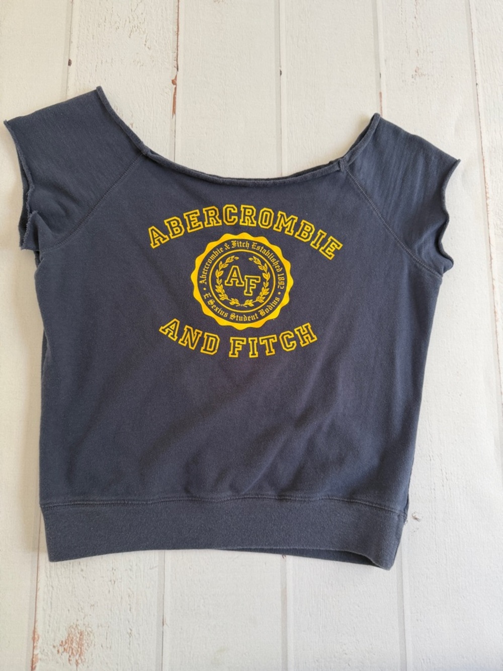Abercrombie & Fitch Vintage Graphic Crop Sweatshirt Top Navy Blue Yellow Size L